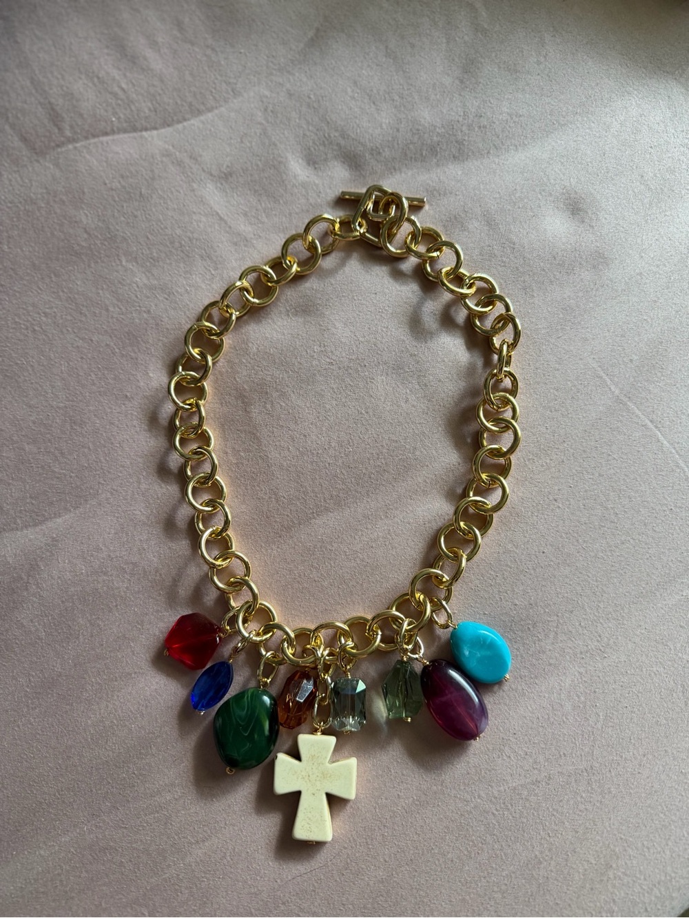 Gold-Tone Multicolor Charm Necklace with Ivory Cross